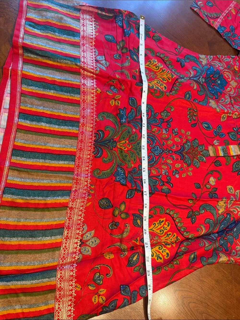 Red Floral coord set with gold print and vibrant stripes. Very good material